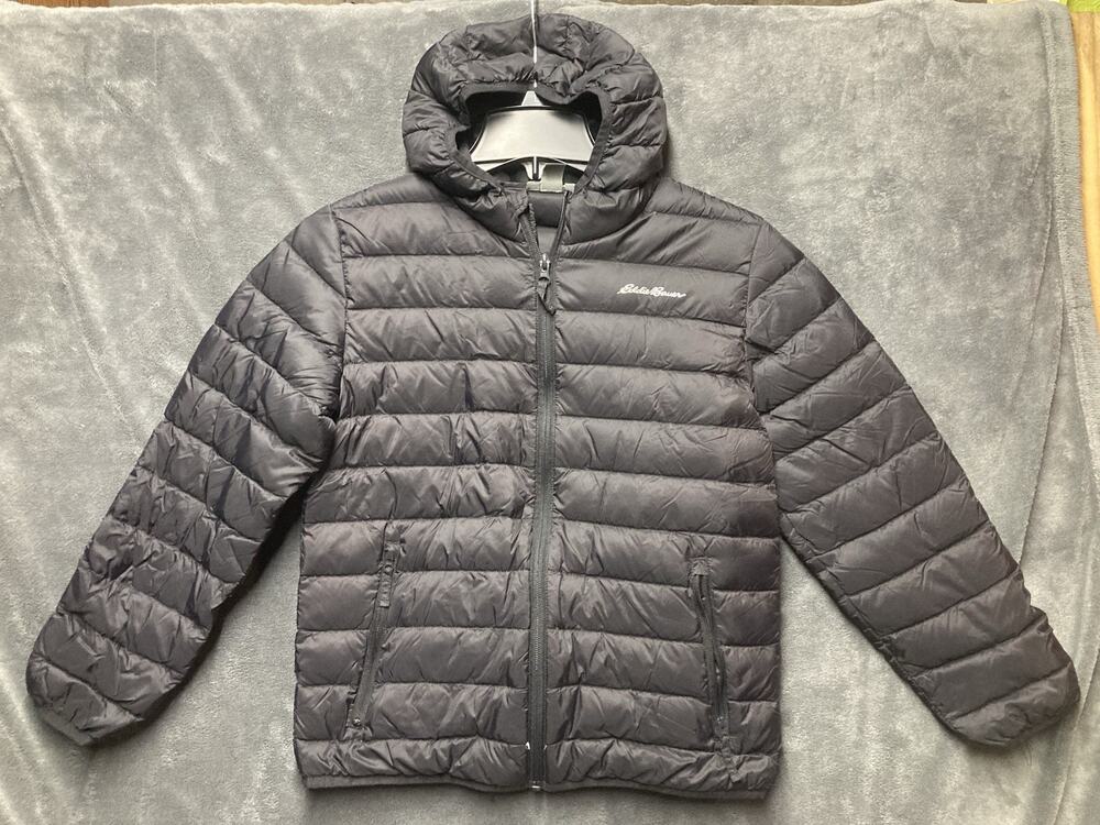 Eddie Bauer Kids CirrusLite Down Hooded Puffer Jacket M (10-12) Black Packable
